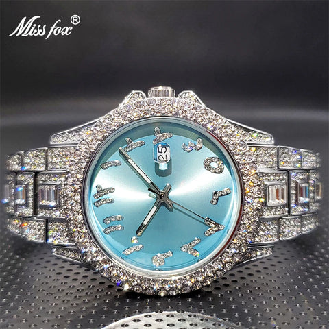 Ice out Watch for Couple MISSFOX Luxury Brand Diamond Watches for Lover Dropshipping New Auto Date Relogio Masculino de Luxo