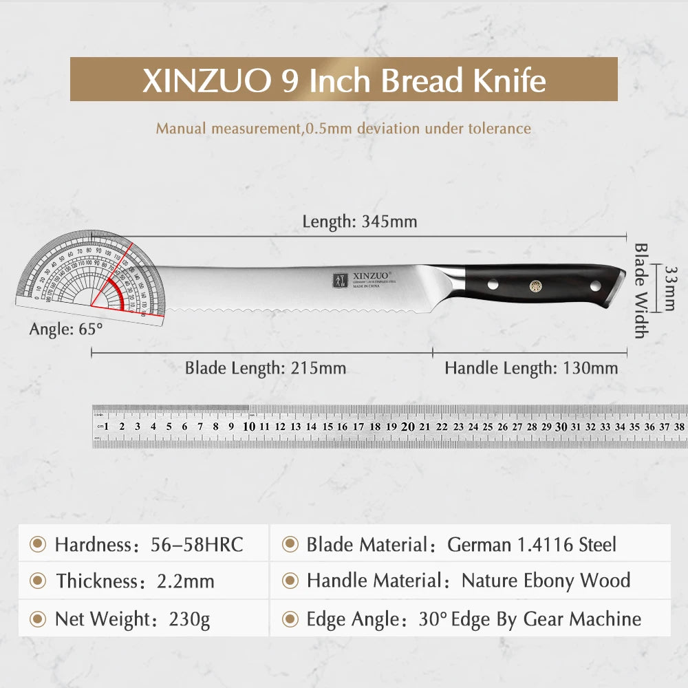 XINZUO 9‘’ Inches Bread Knife Germany 1.4116 Steel Slicer Cutter Cutting Cake Baguette Stainless Steel Kitchen Bakery Tools