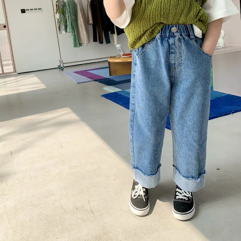 Spring summer Kids crimped wide leg jeans Boys and girls