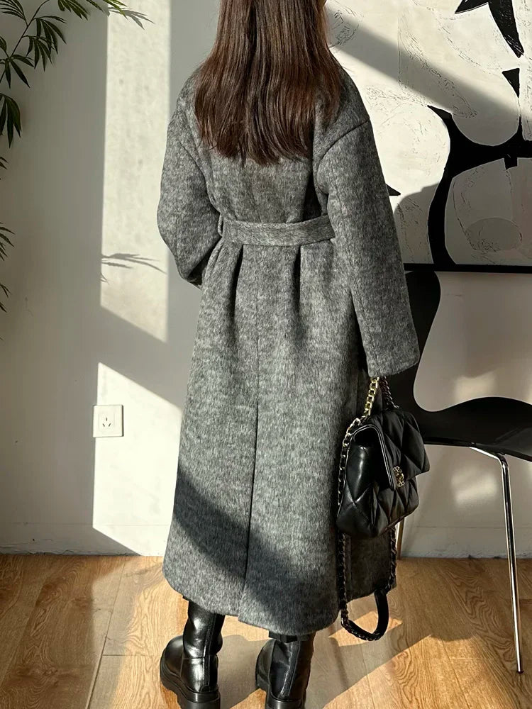 Winter Thick Double-sided Woolen Long Coat Women New Temperament Loose Lace-up Single Breasted Wool Coats Trend Outerwear Autumn