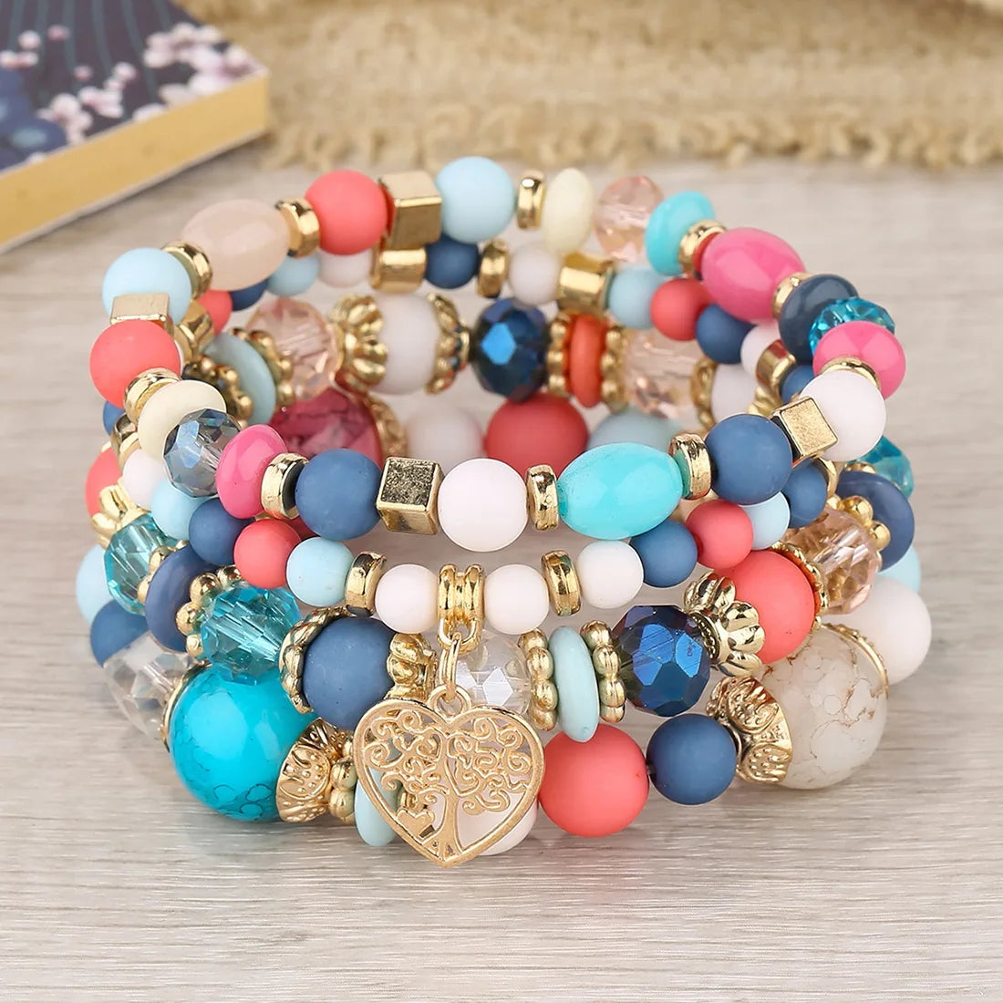 New Acrylic Beads Chain Bracelet Set For Women Tree Of Life Charm Elastic Bangle Female Bohemian Jewelry Accessories