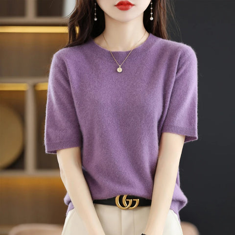 Spring and Summer New Short-sleeved Women O-neck Slim  Sweater