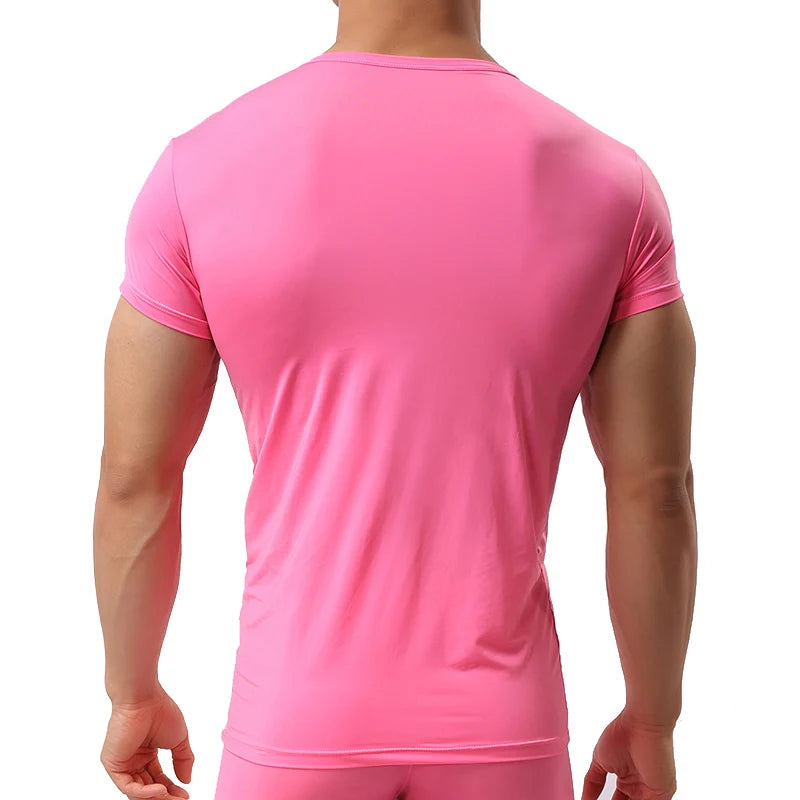 Man Undershirt Ice Silk T Shirts Male Nylon V-neck Short Sleeves Tops Ultra-thin Cool Sleepwear Undershirt