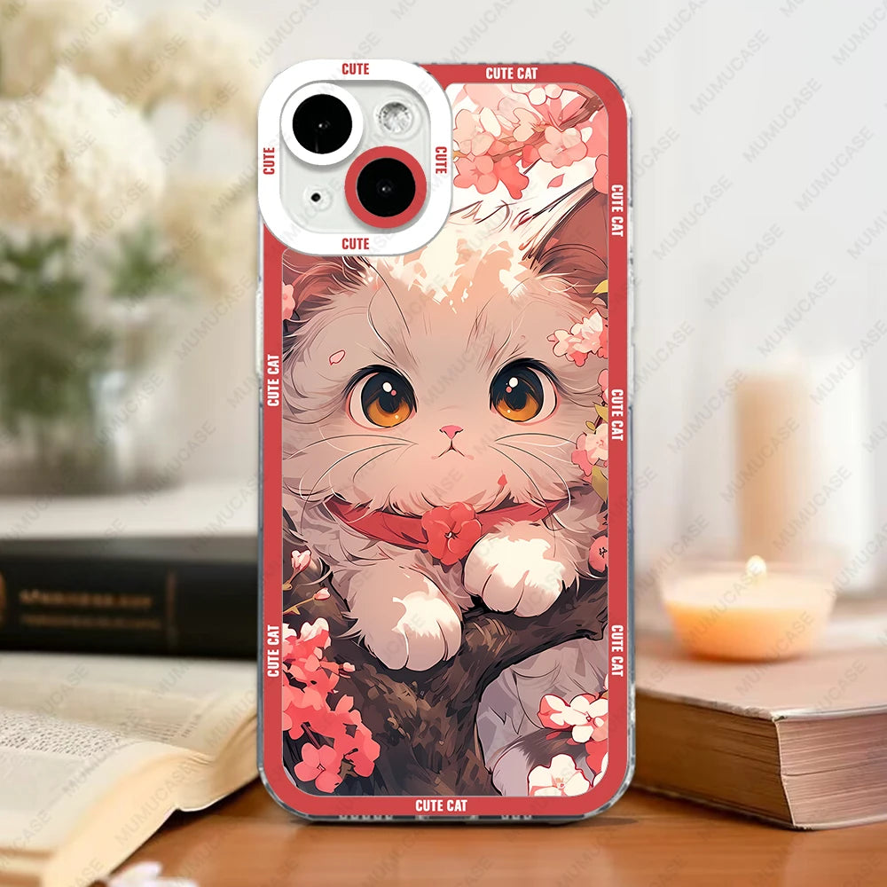 Phone Case For iPhone 15 14 13 Pro Max 12 Mini 11 XS X XR SE 7 8 Plus Soft Cover Cute Cat