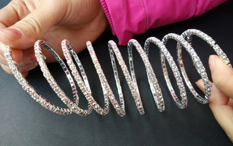 9-Row Spiral Rhinestone Bangles Silver Plated and Gold Color Bridal Wedding Crystal Bangle Bracelets for Women