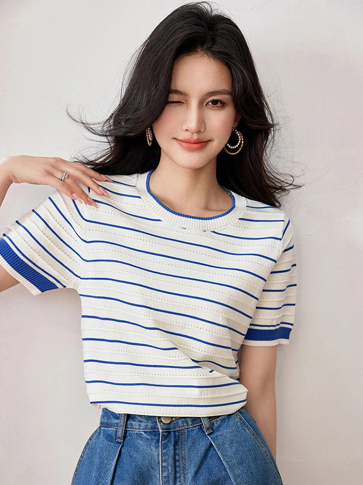 Summer Short Sleeve Striped T-Shirts Women Knitted Basic Casual Tops Female Cozy Loose Tee 2024 Harajuku Pullover