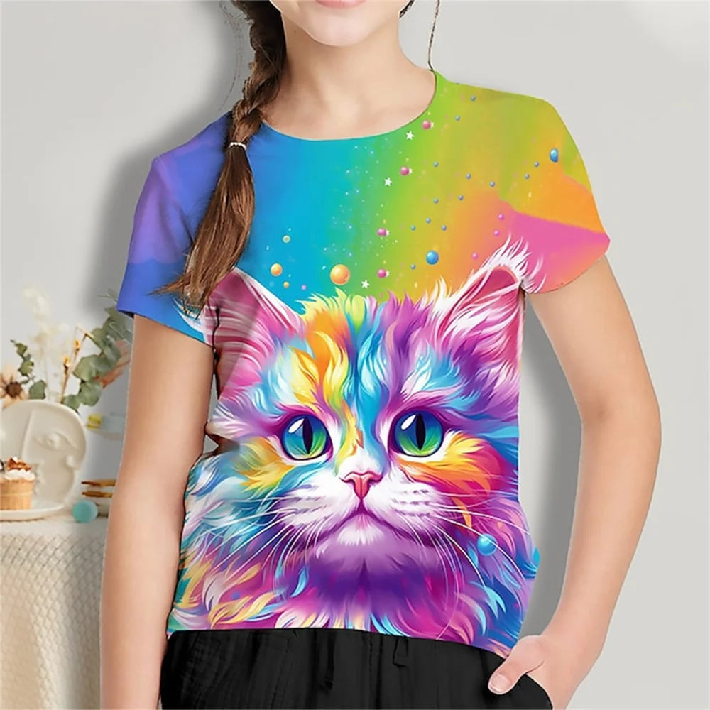 Cat Short Sleeve Horse Child Tshirt Summer Kawaii Kid T-Shirt For Children Tops Fashion Tee Girls Clothes From 8 To 14 Years Old