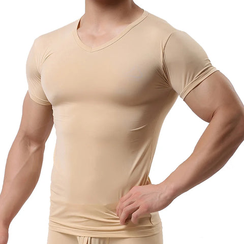 Man Undershirt Ice Silk T Shirts Male Nylon V-neck Short Sleeves Tops Ultra-thin Cool Sleepwear Undershirt