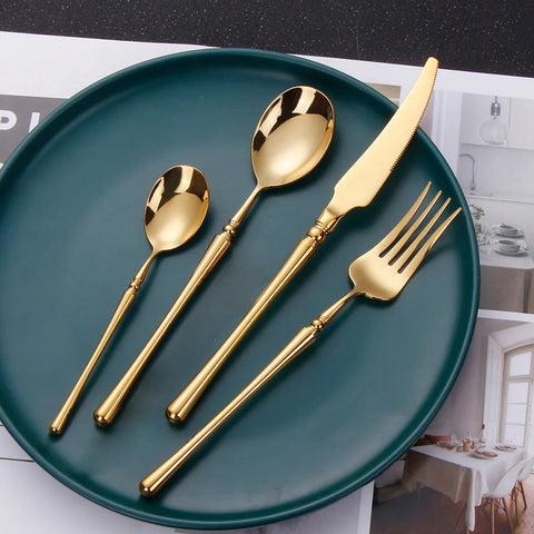 8/12/16/20/24 Pieces Luxury Antique Gold Matte Cutlery Set Stainless Steel 18/10 Wedding Gift Flatware Dinner Party Hotel Home