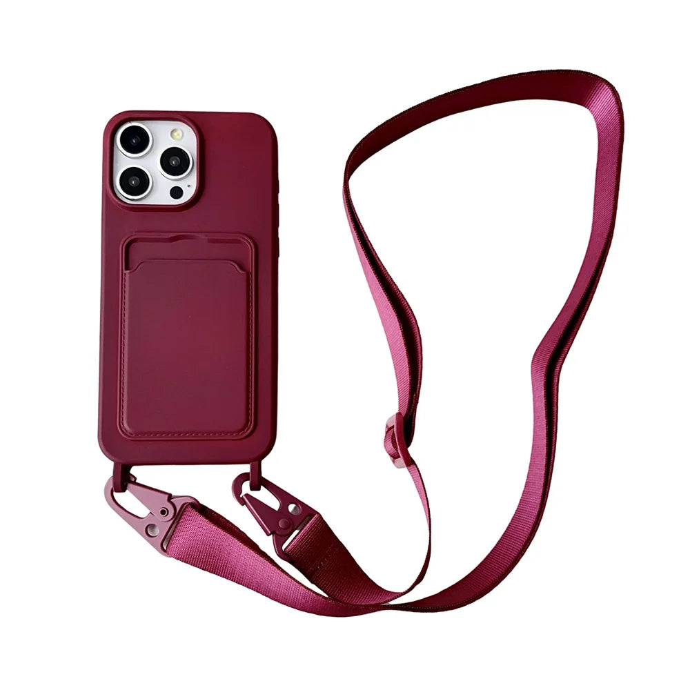 Crossbody Lanyard Necklace Rope Wallet Silicone Case For iPhone 15 Plus 14 13 12 11 Pro Max Slot Card Holder Plain Back Cover