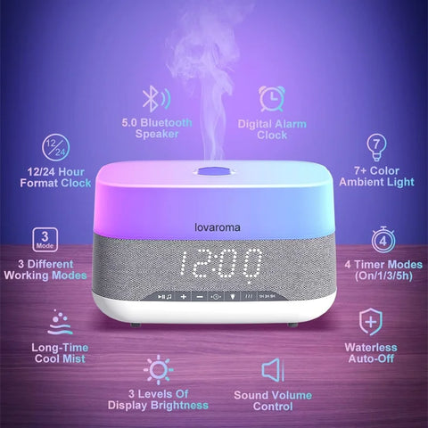 Lovaroma 300ml Cool Mist Humidifier Aroma Diffuser Essential Oil Bluetooth Speaker Alarm Clock 7 Colors Lights Timer Home Office