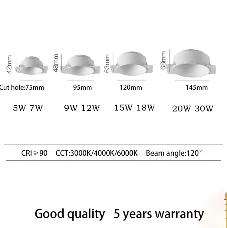 Trimless Round Dimmable COB Led Downlights 5W 7W 9W 12W High End Recessed Ceiling Spot Lights Lamps For Indoor Residential Home