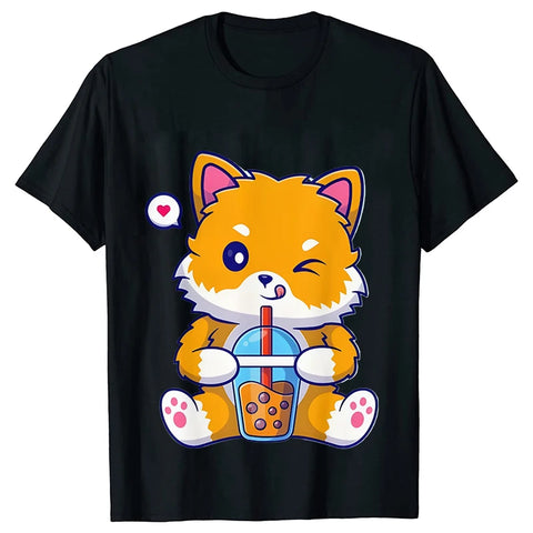 Boba Fox Drinking Print Blouse Women Clothing Fashion Kawaii Cartoon Fox Graphic T-shirts Anime Harajuku Tops Short Sleeve Tees