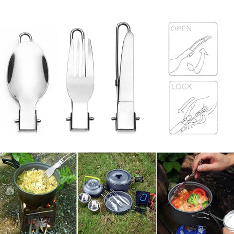 Portable Dinnerware Set Stainless Steel Foldable Spoon Fork Knife With Black Bag 3 In 1 Cutlery Set Camping Picnic Tableware Set