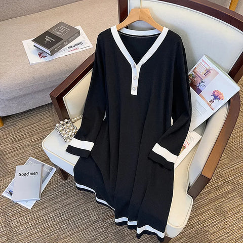 Spring Autumn New Ice Silk Knitting Long Sleeve V-Neck Dress