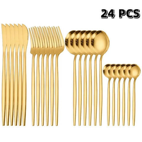 24pcs Gold Dinnerware Set Stainless Steel Steak Knife Fork Coffee Spoon Teaspoon Flatware Dishwasher Safe Kitchen Tablewar