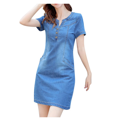 V-Neck Plus Size Medium Length Korean Slim Denim Dresses Lady Clothing