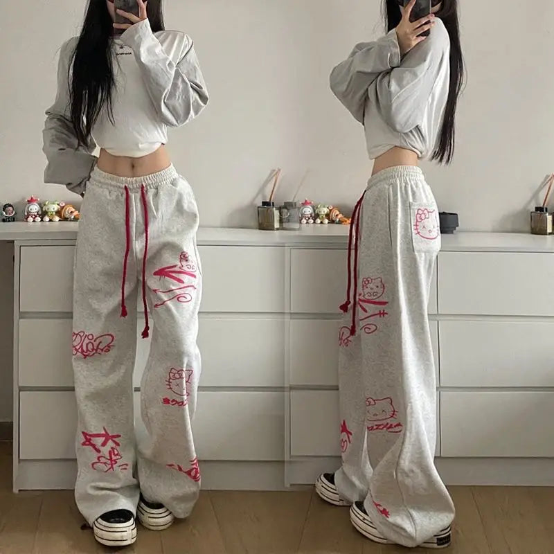 Retro streetwear graffiti pants Hip hop baggy sweatpants versatile straight leg trousers wide leg drawstring slacks Y2K pants