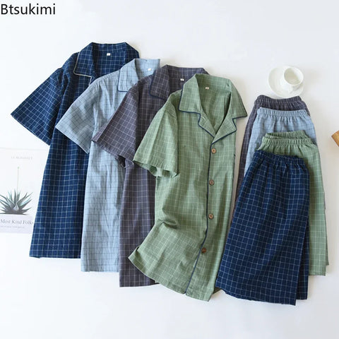 2024 New Men's Summer Pajamas Short Sleeve Shorts Home Clothes Two Pieces Soft Cotton Simple Japanese Plaid Men Lounge Sleepwear