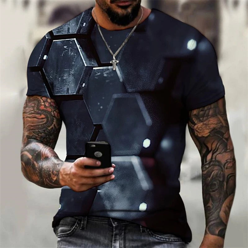 3D digital printed wave grid pattern men's short sleeve T-shirt