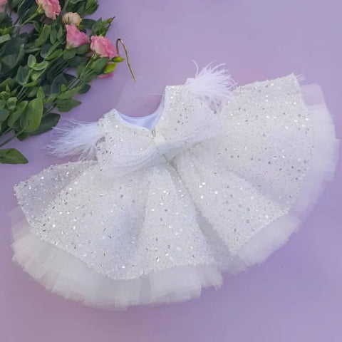 White Flower Girl Dresses Tulle Puffy Sequin Skirt With Bow Feather Shoulder For Wedding Birthday Banquet Princess Gowns