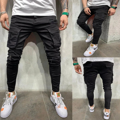 Jeans Men Pants Wash Solid Color Multi Pockets Denim Mid Waist Cargo Jeans Plus Size Fahsion Casual Trousers Male Daily Wear