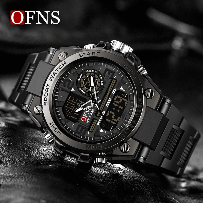 OFNS Luxury Business Man Quartz Watch G Style Date Chronograph Alarm LED Dual Display Clock Men's Electronic Watch Waterproof