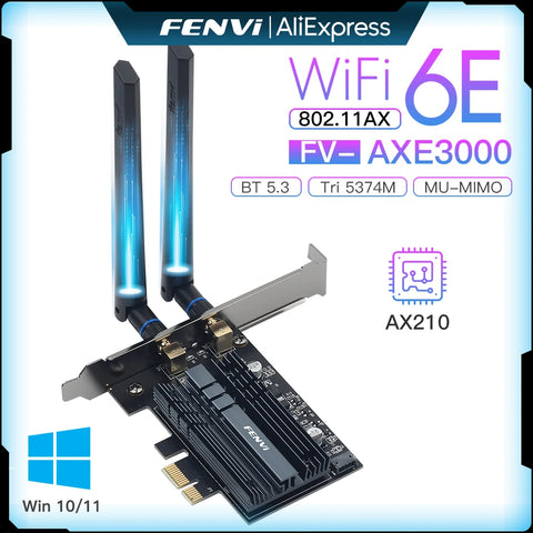 FENVI 5374Mbps WiFi 6E AX210 For Bluetooth 5.3 Tri-Band 2.4G/5G/6Ghz Wireless PCIe WiFi Adapter 802.11AX WiFi 6 Card PC Win10/11