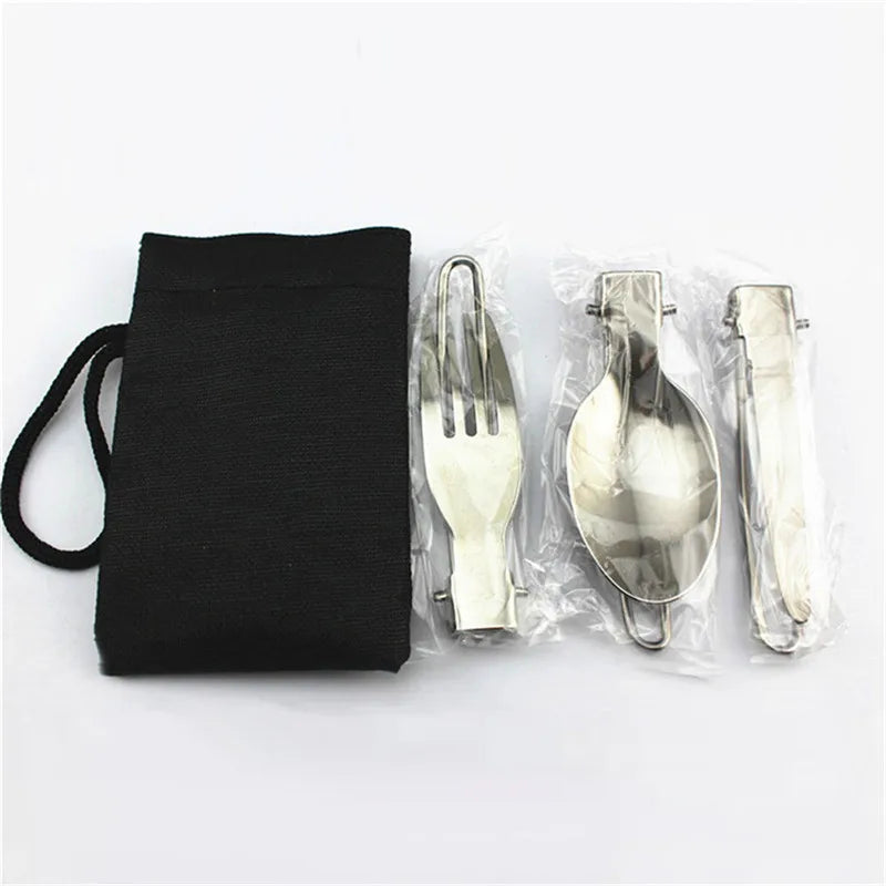 Portable Dinnerware Set Stainless Steel Foldable Spoon Fork Knife With Black Bag 3 In 1 Cutlery Set Camping Picnic Tableware Set