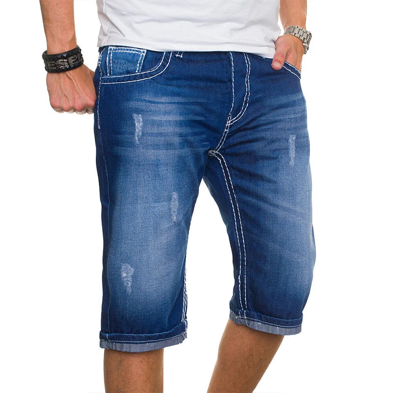 New Summer Men's Stretch Ripped Short Jeans Blue Denim Shorts Pants Large Casual Middle Pants