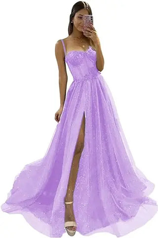 Glitter Tulle Ruffled Prom Dress Long Ball Gown Spaghetti Straps Lace Appliqued 3D Flower Slit Bridesmaid Dresses Cocktail party