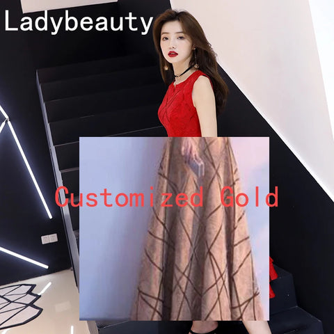 Ladybeauty New Arrival Luxury Scoop collar sleeveless Embroidery Zipper Cocktail Dresses A-line Tea Length Formal Dress