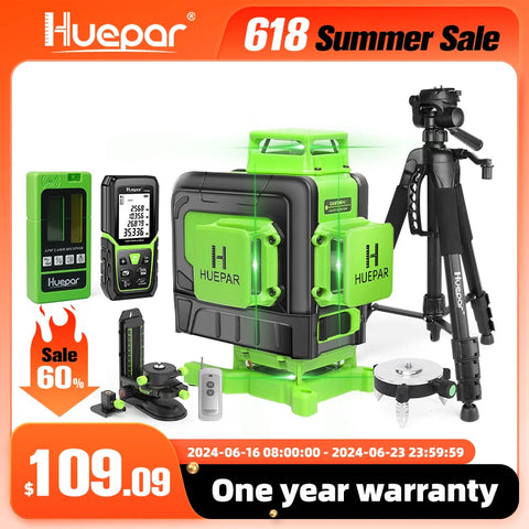 Huepar 4D 16 Lines Cross Line Laser Level Green Beam Lines Multi function & Remote Control With Li-ion battery For Tiles Floor