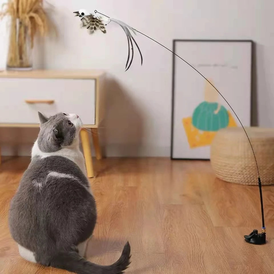 Simulation Bird Interactive Funny Cat Stick Toy Furry Feather Bird With Bell Sucker Cat Stick Toy Kitten Playing Pet Accessories