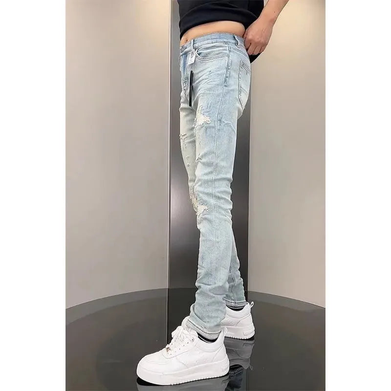 New Korean Luxury Clothing High Quality Jeans for Men Fashion Slim Fit Pencil Pants with Holes Summer Casual Denim Trousers Male