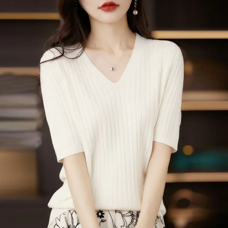 Women Sweater Short Sleeve V-neck Stripe Knitwears