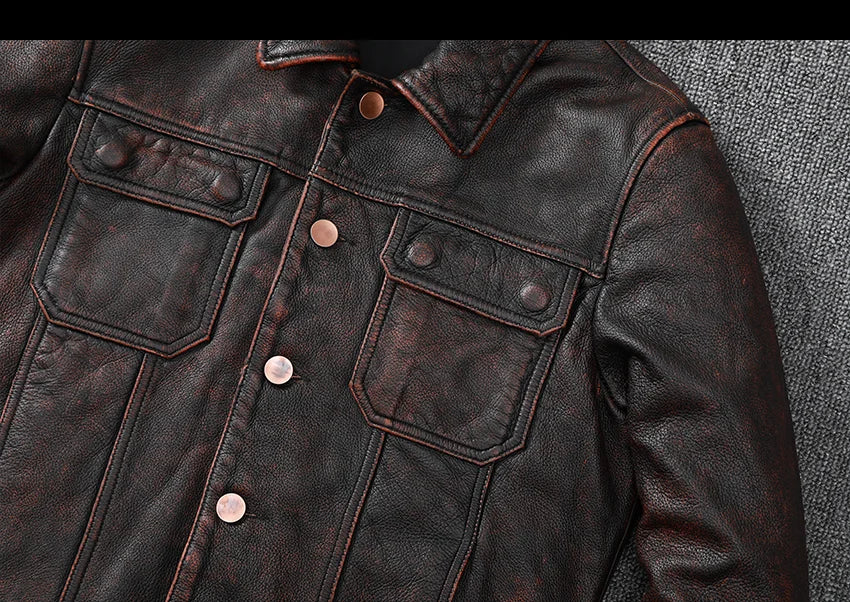 New Vintage Brown Workwear Style Cowboy Genuine Leather Jacket Natural Cowhide Coat Men's Stone Mill Old Style Clothes