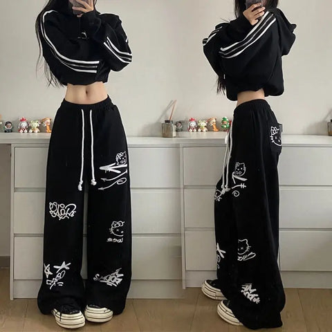 Retro streetwear graffiti pants Hip hop baggy sweatpants versatile straight leg trousers wide leg drawstring slacks Y2K pants