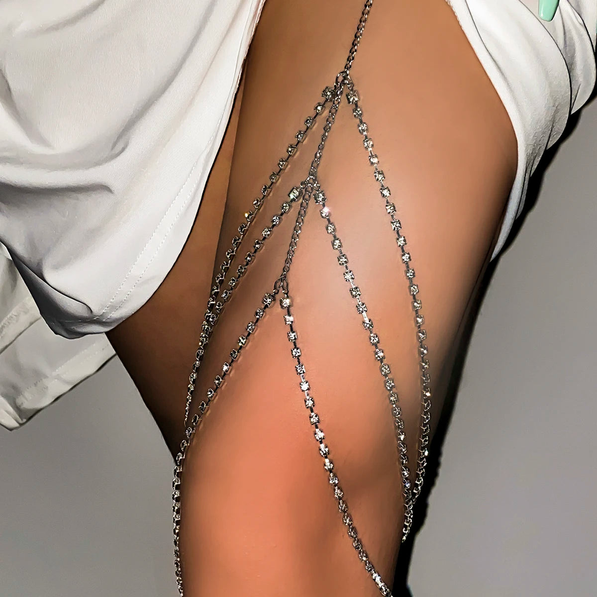 IngeSight.Z Sexy Rhinestones Leg Thigh Chain for Women Multilayer Shiny Crystal Silver Color Waist Body Chain Beach Jewelry