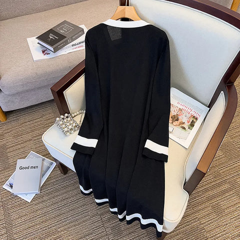 Spring Autumn New Ice Silk Knitting Long Sleeve V-Neck Dress