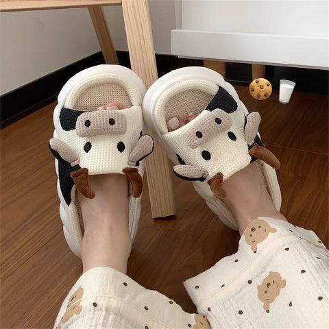 Four Seasons Indoor Home Sandals Cute Cartoon Frog Milk Cow House Slippers Personalized Couple Slides Women Linen Slippers