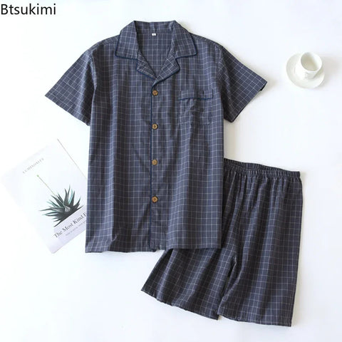 2024 New Men's Summer Pajamas Short Sleeve Shorts Home Clothes Two Pieces Soft Cotton Simple Japanese Plaid Men Lounge Sleepwear