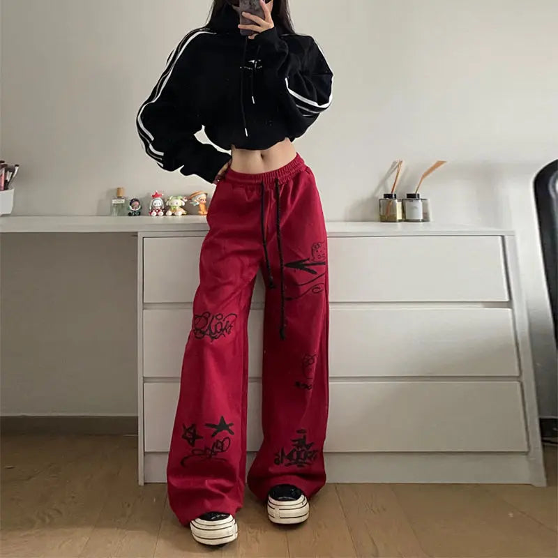 Retro streetwear graffiti pants Hip hop baggy sweatpants versatile straight leg trousers wide leg drawstring slacks Y2K pants