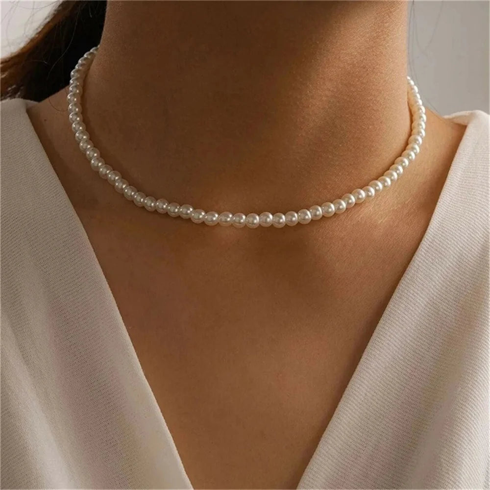 French Vintage Imitation Pearl Chain Necklace For Women Simple Acrylic Beads Choker Fashion Jewelry Elegant Accessories