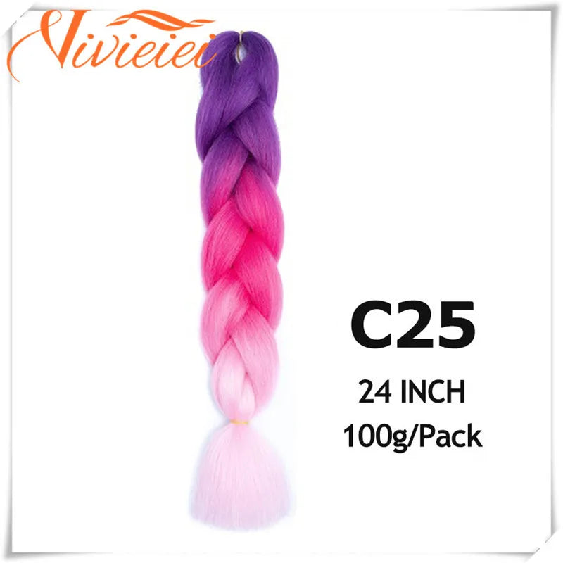 VIVIEIEI Synthetic Braiding Hair 24 Inch Jumbo Braid Ombre Jumbo Hair Extension for Women DIY Hair Braids Purple Pink Yellow Red