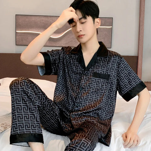 Ice Silk Long Sleeved Thin Sleepwear Set Male Home Wear