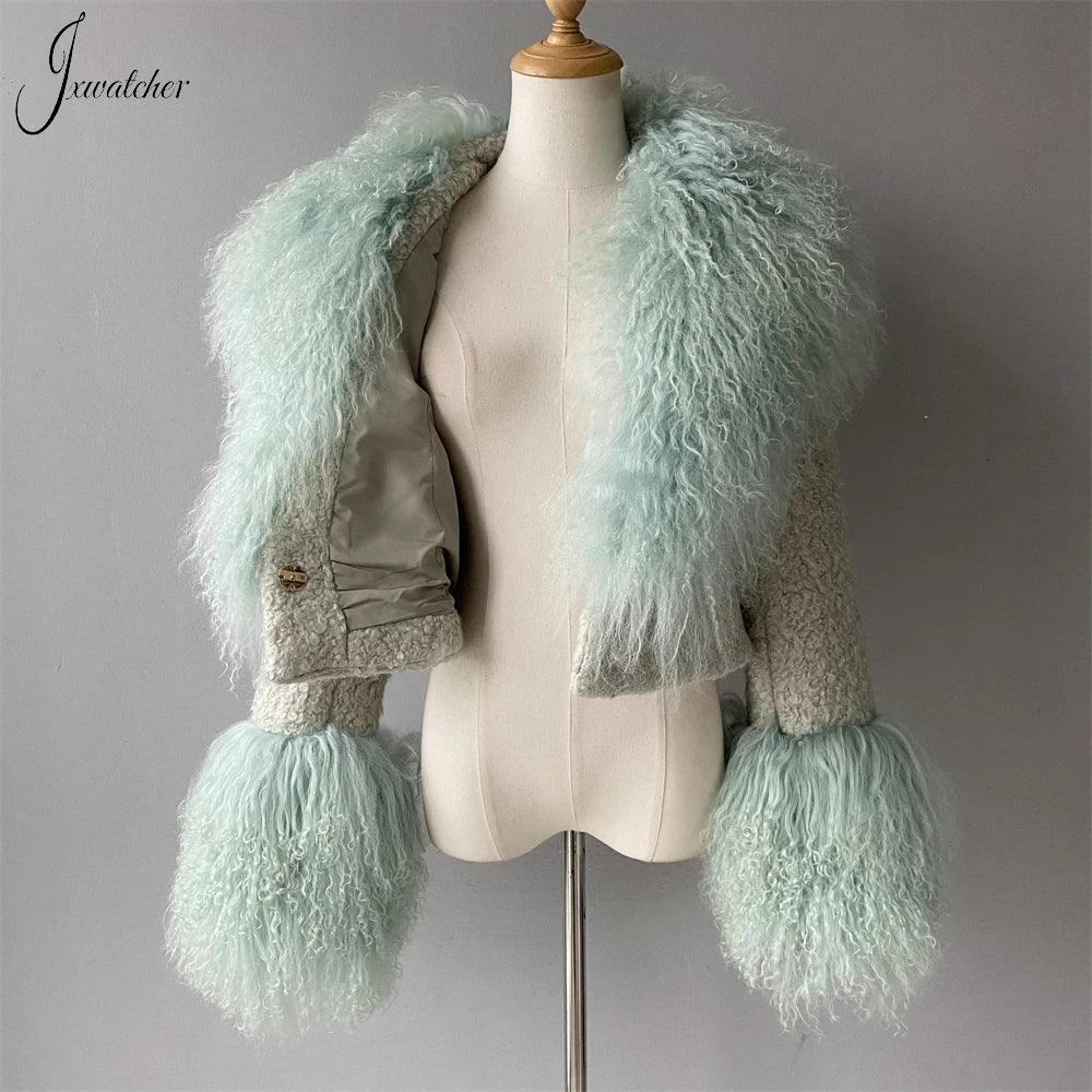 Fur Collar Cuffs Winter  Fashion Solid  Color Tweed Cropped Jacket Fall New Arrival
