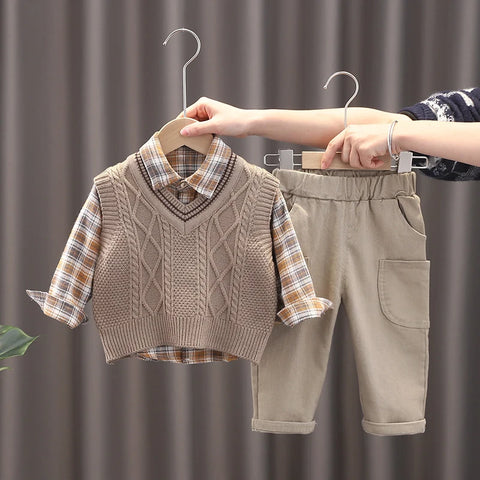 Baby Boy Clothes Mother Kids Spring Clothing Sets Sweater Vest 3pcs  Toddler Pants Cotton Korean Version of Children's Set Suit