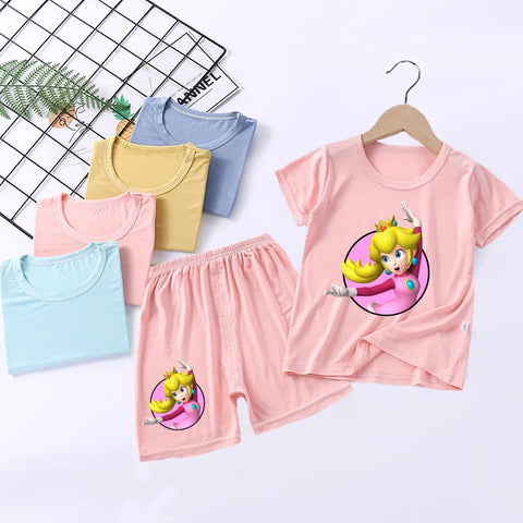 Super Marios Kids Pajama Suit Peach Princess Girl Sleepwear Cartoon Boy Pyjamas Outfit Home Tops Pants 2pcs Set Cute Nightgown