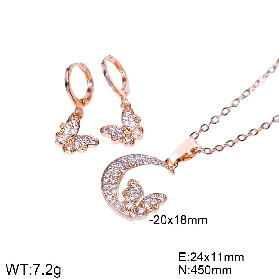 Fashion Women's Moon Butterfly Zircon Necklace Earring Set